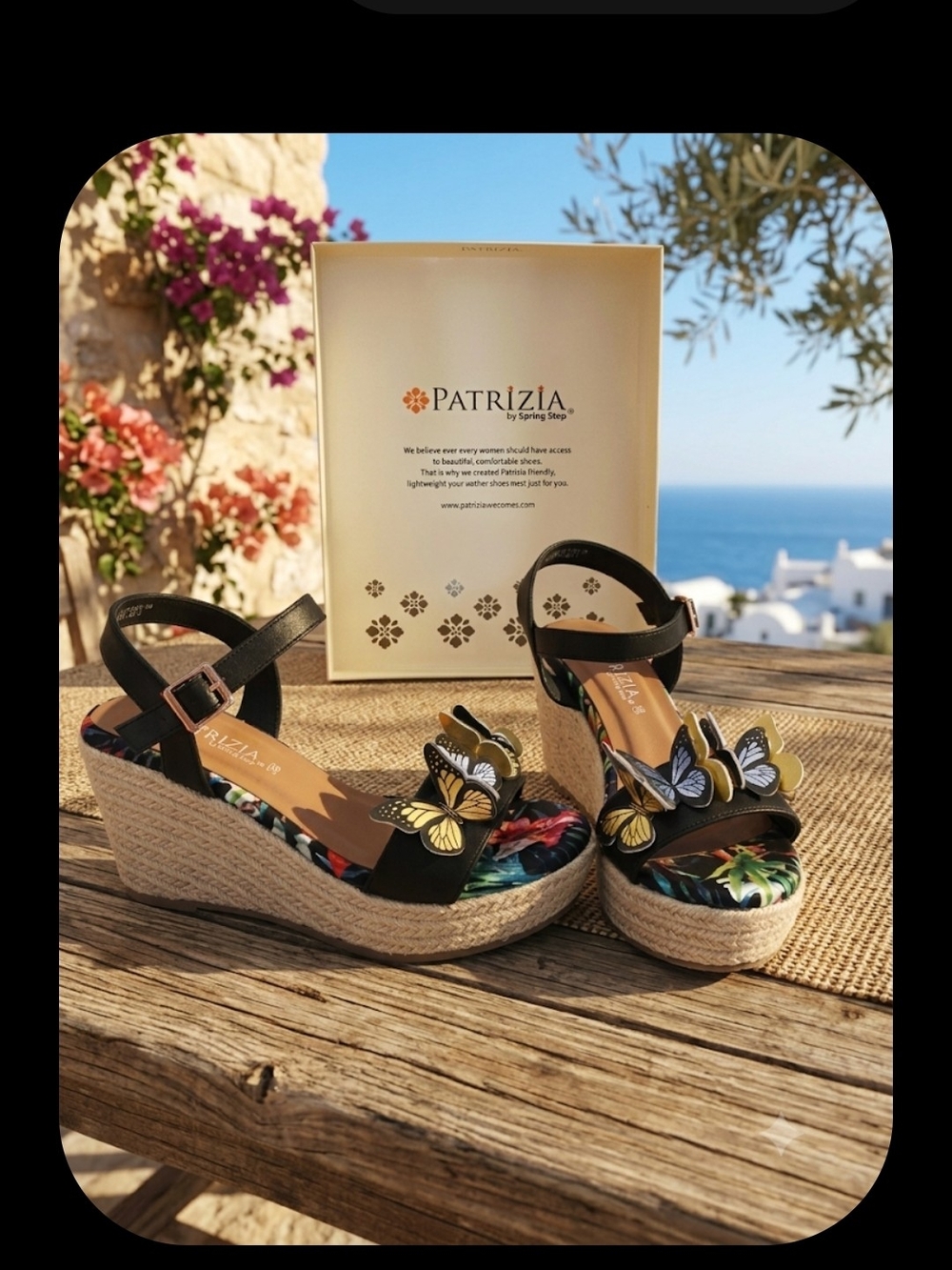 Patrizia Black Butterfly Wedge Sandals with Floral Insole